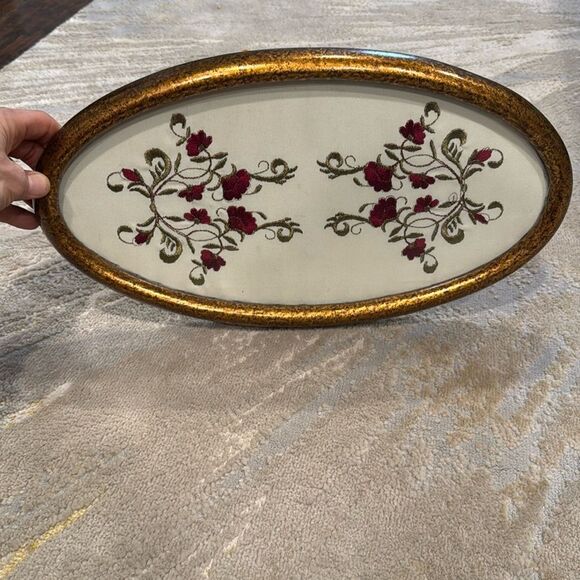 Vintage ornate wall art frame embroidered floral design from Russia gold and red